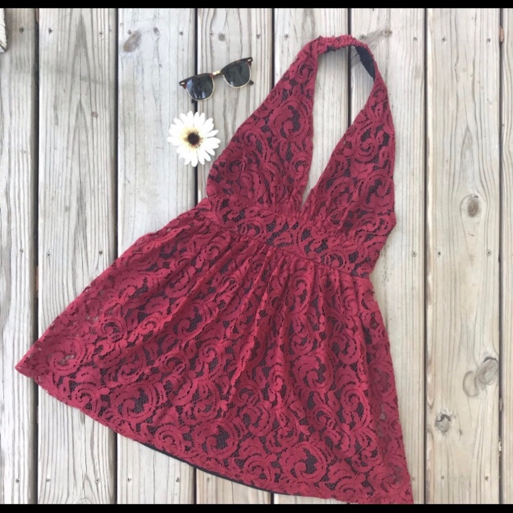 Red Lace Overlay Halter Dress